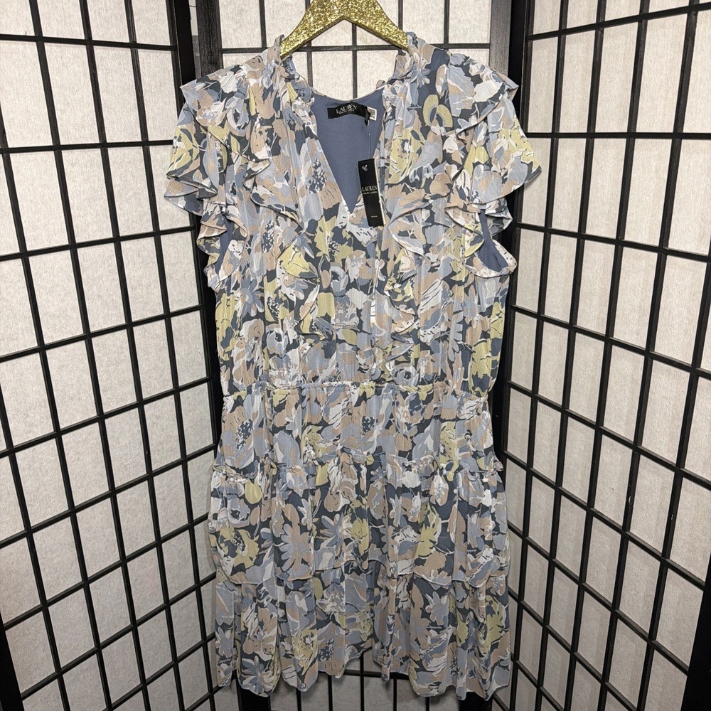 Ralph Lauren Floral Ruffle-Trim Georgette Dress Blue Size 20W NWT - Picture 6 of 11
